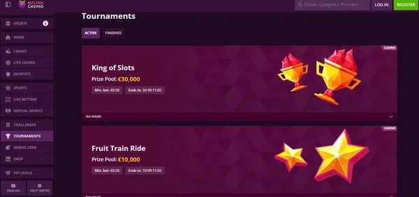 Malina Casino turnaje  na mobile