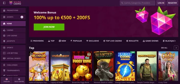 Malina Casino uvodna stranka  na mobile